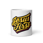 JESUS FIRST YELLOW WHITE GLOSSY MUG | LOORALREY